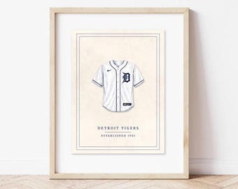 Lámina de acuarela de la camiseta de los Tigers, arte mural de béisbol vintage, decoración infantil de deportes de Detroit, regalo para la cueva del hombre