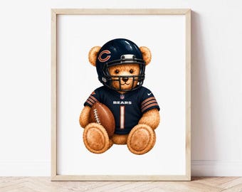 Lámina de acuarela con osito de peluche del equipo de fútbol americano de Chicago, decoración para habitación infantil (descarga digital)