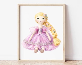 Lámina de Rapunzel en acuarela, arte infantil de cuento de hadas en tonos pastel (descarga digital)