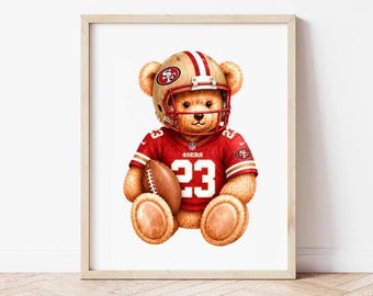 Lámina de acuarela con diseño de osito de peluche y fútbol americano (número 23), decoración para habitación infantil en San Francisco (descarga digital).