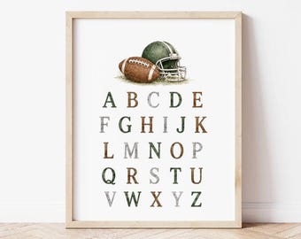 Lámina con el alfabeto de fútbol / Decoración de pared vintage para habitación infantil con temática deportiva (descarga digital)
