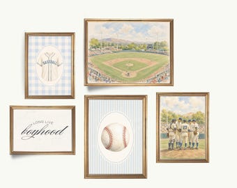 5 láminas vintage de béisbol en acuarela, decoración deportiva para habitación infantil, campo de béisbol y partido (descarga digital)