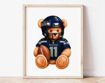 Lámina de acuarela con osito de peluche del equipo de fútbol americano de Seattle, número 11, para decoración de guardería (descarga digital).