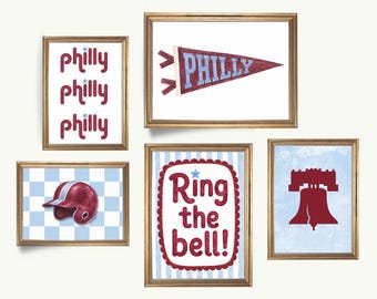 Juego de 5 láminas decorativas de béisbol de Filadelfia para pared, lámina infantil vintage en acuarela, descarga digital, decoración retro para habitación infantil en azul claro y granate.