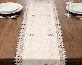 Caminho de mesa bordado com flores rosa 40x90 cm – Caminho de mesa vintage com borda de renda – Decoração de mesa estilo casa de campo – Caminho de mesa pequeno para sala de jantar