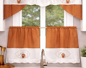 Conjunto de Cortinas para Cozinha com Estampa de Xícara de Café – Cortina de varão e cortinas curtas bordadas com estampa de xícara de café – Cortinas marrons para cozinha estilo fazenda – Cortinas para cozinha estilo café
