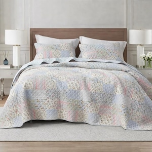 Juego de edredón floral en tonos pastel, ropa de cama estilo cottagecore, edredón patchwork azul claro, colcha floral de estilo rústico, ropa de cama shabby chic, edredón ligero