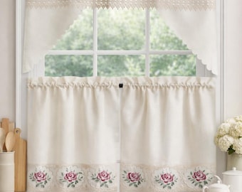 Conjunto de cortinas de cozinha com bordado de rosas