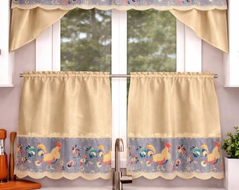 Conjunto de Cortinas para Cozinha com Galo de Fazenda – Cortinas com Bandô e Cortinas Curtas com Galo de Fazenda – Cortinas Rústicas para Janela de Cozinha com Galinha – Cozinha Estilo Fazenda