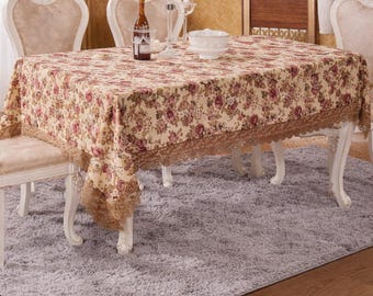 Toalha de mesa elegante com renda floral – Capa para mesa de jantar estilo vintage – Floral bege e bordô – Toalha de mesa retangular – Decoração de cozinha estilo fazenda