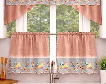 Conjunto de Cortinas para Cozinha Estilo Galo de Fazenda – Cortinas Curtas e Bandô Champagne – Bandô 60x36 + 2 Painéis Curtos 30x36 Decoração de Janela para Cozinha Campestre