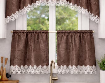 Conjunto de cortinas de cozinha em renda marrom – Bandô 60x36 + 2 cortinas curtas 30x36 – Cortinas para janela de cozinha estilo fazenda – Decoração com acabamento em renda marrom chocolate