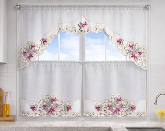 Conjunto de cortinas de cozinha com estampa floral rosa – Cortinas com bandô e cortinas curtas com estampa de lírios – Cortinas estilo casa de campo para janelas