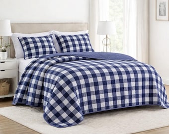 Conjunto de colcha xadrez búfalo Queen Navy, roupa de cama estilo fazenda, colcha xadrez azul, colcha moderna estilo fazenda, colcha leve, decoração de quarto campestre
