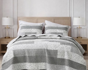 Conjunto de Edredom King Size em Algodão, Roupa de Cama Patchwork Cinza, Edredom Estilo Fazenda King, Colcha de Algodão Neutra, Roupa de Cama Estilo Fazenda Moderna, Edredom Leve