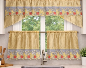 Conjunto de Cortinas de Cozinha com Estampa de Frutas Douradas – Cortinas para Cozinha Estilo Fazenda – Bandô 60x36 + 2 Cortinas Curtas 30x36 – Decoração Bordada para Janela de Cozinha