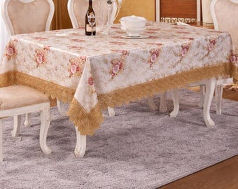Toalha de mesa floral vintage 72x108 – Toalha de mesa elegante bege com rosas e borda de renda – Capa para mesa de jantar estilo fazenda – Toalha de mesa retangular para cozinha