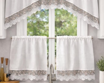 Conjunto de cortinas de cozinha com renda floral, incluindo bandô 60x36 + 2 cortinas de 30x36 – Cortinas bordadas para janela de cozinha em estilo campestre. Decoração perfeita para cozinha rústica.