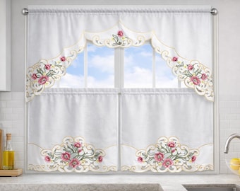 Conjunto de Cortinas Florais para Cozinha – Cortina de Bandô e Cortinas Curtas com Rosas Cor-de-Rosa – Decoração de Janelas Estilo Casa de Campo