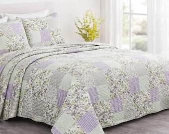 Conjunto de colcha patchwork lavanda, roupa de cama floral estilo casa de campo, colcha estilo fazenda, colcha roxa e verde, conjunto de colcha leve, decoração de quarto estilo cottagecore