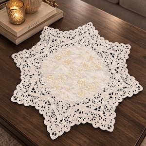 36" Round Lace Table Runner – Elegant Floral Embroidered Doily Centerpiece – Vintage Cutwork Lace Table Topper – Wedding, Coffee Table etc.