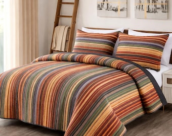 Conjunto de Edredom Queen Boho Listrado, Edredom Reversível, Edredom Estilo Sudoeste, Roupa de Cama Rústica de Fazenda, Edredom Listrado em Tons Terrosos, Leve