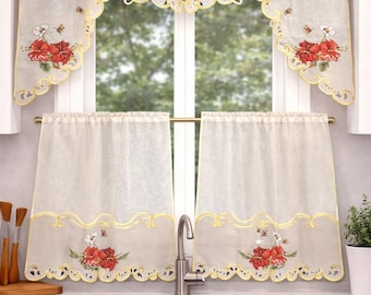 Conjunto de cortinas de cozinha elegantes com estampa floral – bandô e cortinas curtas bordadas com papoulas – estilo vintage para janelas de fazenda – filtragem de luz para cozinha.
