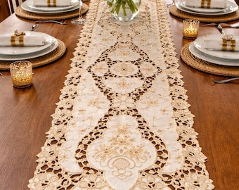 Caminho de mesa de renda dourada 40 x 90 cm – Elegante caminho de mesa com bordado floral – Caminho de mesa de renda vazada vintage – Decoração de mesa luxuosa para estilo campestre