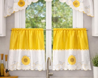 Conjunto de Cortinas de Cozinha com Girassóis – Cortinas Amarelas Estilo Fazenda – Bandô 60x36 + 2 Cortinas Curtas 30x36 – Decoração de Janela para Cozinha Campestre