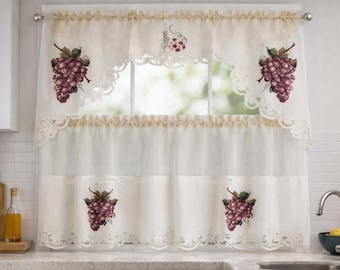 cortina de cozinha de 3 peças com ponto cruz de uvas