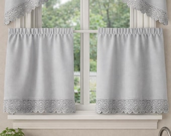 Conjunto de cortinas de cozinha cinza claro – Cortinas com bandô e cortinas curtas de renda – Cortinas para janelas estilo fazenda – Cortinas translúcidas para casa de campo – Decoração neutra para o lar