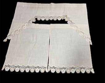 Conjunto de cortinas de linho elegantes para cozinha com renda de crochê – Cortinas curtas e bandô estilo fazenda – Cortinas de renda vintage para janela de cozinha