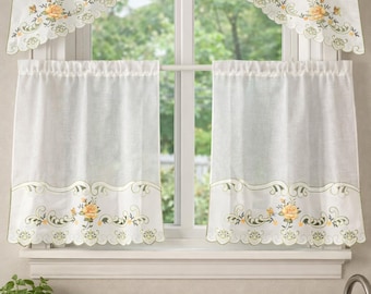 Conjunto de cortinas florais para cozinha, com bandô e cortinas curtas bordadas em tecido transparente, estilo casa de campo, com renda e filtragem de luz.