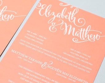 Sample Bilingual Vietnamese Wedding Invitation Set - Script Font - Invitation, Reception and RSVP - Flat Card Invitation - Sample Card Stock