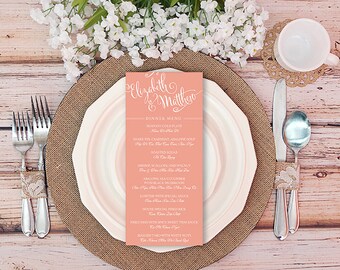 Rustic Script Wedding Menu - Printable DIY - Blush - Fancy Script Font - Whimsical - Bilingual Wedding Dinner Menu - Elizabeth