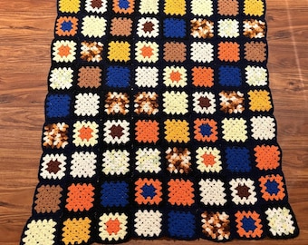 Vintage Handmade Crochet Granny Square Afghan Blanket Throw Black Boho