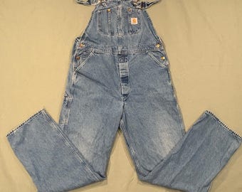 Vintage Carhartt Denim Bib Overalls Mens 38x34 Blue Cotton Frayed Hems Gorpcore
