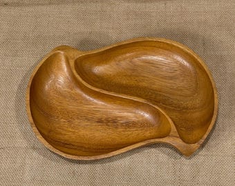Vintage Monkey Pod Wood Divided Bowl Tray 12" Brown Yin Yang Serving Dish MCM