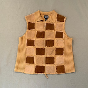 Designers Studio Patchwork Gebreid Vest Met Rits Dames L Bruin Leer Boho Retro
