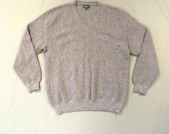 Suéter andino vintage de alpaca para hombre, talla grande, gris, 100%, cuello en V, Perú, tejido de lujo.