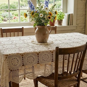 Vintage handgjord virkad spetsduk 72x48 stor rektangulär krämfärgad geo boho