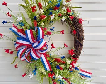 Patriotic Grapevine Wreath – Red White Blue Floral Americana Decor, Summer Front Door Wreath