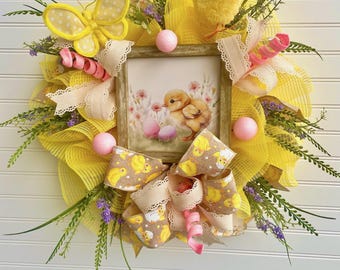 Easter Chick Deco Mesh Wreath, Spring Chick Door Hanger with Pink Eggs, Yellow Butterfly Easter Decor, Rustic Framed Chick Art Wreath