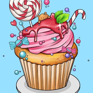 May include: A colourful illustration of a cupcake with pink frosting, red drizzle, a lollipop, and a candy cane. The cupcake is on a white plate against a light blue background. Decorative sweets and a small teddy bear are also included.