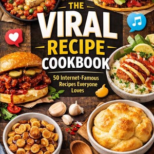 以下が含まれることがあります： 「The Viral Recipe Cookbook」というタイトルの料理本の表紙で、「50のインターネットで有名なレシピをみんなが大好き」というサブタイトルが付いています。画像には、タコス、ハンバーガー、パスタなど、さまざまな料理が木製の表面に配置されています。
