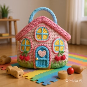 May include: A crocheted house-shaped bag with a light blue handle, a pink roof, and beige walls. The house features two yellow windows with blue frames, a blue door with a pink heart, and two pairs of red cherries. The base is green.