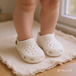 May include: A pair of off-white crochet clogs featuring a textured, perforated design on the upper and a small brown button on the side strap. These handmade-style shoes are crafted with a thick yarn and have a rounded toe and a low-profile silhouette.