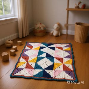 May include: A rectangular crochet blanket featuring a geometric pattern of triangles in white, teal, navy blue, mustard yellow, terracotta, and light pink. The blanket has a scalloped teal border and is constructed from multiple stitched squares.