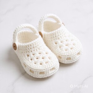 May include: A pair of off-white crochet baby clogs featuring a rounded toe, a perforated design across the top, and a pivoting heel strap secured on each side by a small, round, brown wooden button. The footwear is crafted with a textured yarn.