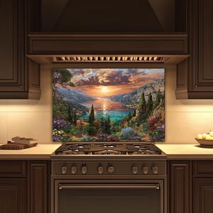 May include: A colourful landscape painting showing a sunset over a lake surrounded by mountains and verdant vegetation. The artwork features an orange and purple sky, reflected in the water. The scene evokes a sense of tranquillity and natural beauty.